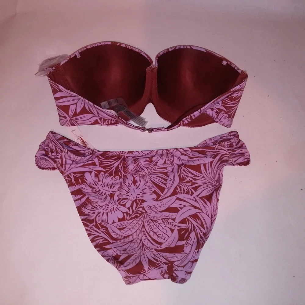 Victoria Secret Swim Bikini 36D Top Medium Bottom Purple Ginger Floral Bandeau